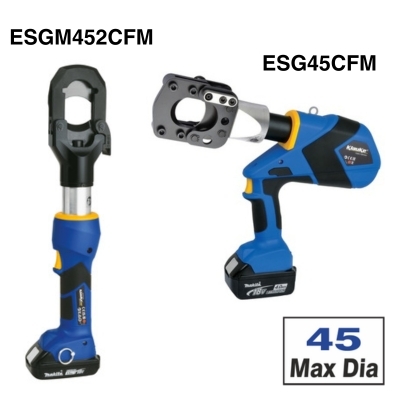 Two Klauke cutting tools with blue bodies, both labelled. The ESGM45CFM has an upright shape and the ESG45CFM has a 